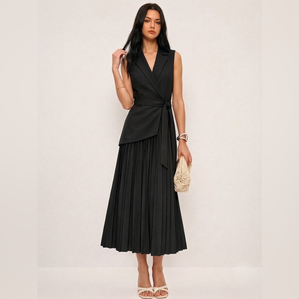 Commense Black Sleeveless Wrap Pleated Midi Dress